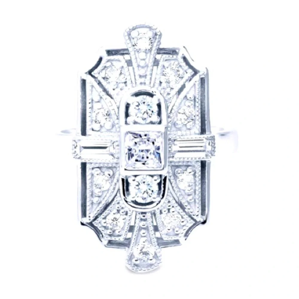 Sterling Silver + Crystal CZ Statement Art Deco Milgrain Cocktail Ring - Picture 2 of 9